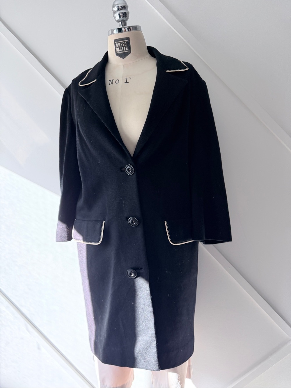 Vintage Made in Belgium Wool Coat 3/4 Sleeve Black Contrast Trim approx M